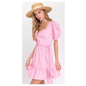 English Factory Pink Puff Sleeve A-Line Mini Dress Smocked Back